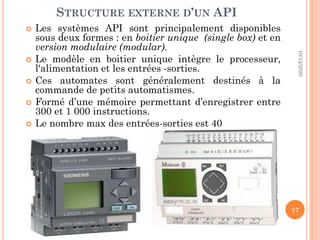 STRUCTURE EXTERNE D’UN API
 Les systèmes API sont principalement disponibles
sous deux formes : en boitier unique (single box) et en
version modulaire (modular).
 Le modèle en boitier unique intègre le processeur,
l'alimentation et les entrées -sorties.
 Ces automates sont généralement destinés à la
commande de petits automatismes.
 Formé d’une mémoire permettant d’enregistrer entre
300 et 1 000 instructions.
 Le nombre max des entrées-sorties est 40
10/12/2020
17
 