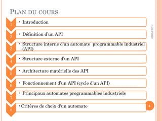 PLAN DU COURS
10/12/2020
2
1
• Introduction
2
• Définition d’un API
3
• Structure interne d'un automate programmable industriel
(API)
4
• Structure externe d’un API
5
• Architecture matérielle des API
6
• Fonctionnement d’un API (cycle d’un API)
7
• Principaux automates programmables industriels
8
•Critères de choix d'un automate
 