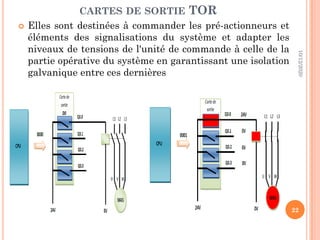 CARTES DE SORTIE TOR
 Elles sont destinées à commander les pré-actionneurs et
éléments des signalisations du système et adapter les
niveaux de tensions de l'unité de commande à celle de la
partie opérative du système en garantissant une isolation
galvanique entre ces dernières
10/12/2020
22
 