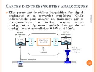 CARTES D’ENTRÉES/SORTIES ANALOGIQUES
 Elles permettent de réaliser l'acquisition d'un signal
analogique et sa conversion numérique (CAN)
indispensable pour assurer un traitement par le
microprocesseur. La fonction inverse (sortie
analogique) est également réalisée. Les grandeurs
analogique sont normalisées : 0-10V ou 4-20mA.
10/12/2020
23
 