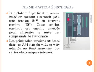ALIMENTATION ÉLECTRIQUE
 Elle élabore à partir d’un réseau
220V en courant alternatif (AC)
une tension 24V en courant
continu (DC), Cette tension
continue est ensuite envoyée
pour alimenter le reste des
composants de l'automate.
 Les principales tensions utilisées
dans un API sont du +12v et + 5v
adaptés au fonctionnement des
cartes électroniques internes.
10/12/2020
7
 