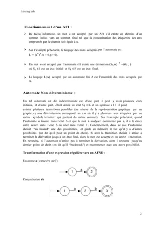 1ére ing Info
2
Fonctionnement d’un AFI :
➢ De façon informelle, un mot u est accepté par un AFI s’il existe un chemin d’un
sommet initial vers un sommet final tel que la concaténation des étiquettes des arcs
empruntés par le chemin soit égale à u.
➢ Sur l’exemple précédent, le langage des mots acceptés par l’automate est
L = {a
n
b
p
/n > 0,p> 0}.
➢ Un mot w est accepté par l’automate s’il existe une dérivation (S0,w) ∗ (Si , )
où S0 ∈ I est un état initial et Si ∈ F est un état final.
➢ Le langage L(A) accepté par un automate fini A est l’ensemble des mots acceptés par
A.
Automate Non déterminisme :
Un tel automate est dit indéterministe car d’une part il peut y avoir plusieurs états
initiaux, et d’autre part, étant donné un état Si ∈ K et un symbole a ∈ T, il peut
exister plusieurs transitions possibles (au niveau de la représentation graphique par un
graphe, ce non déterminisme correspond au cas où il y a plusieurs arcs étiquetés par un
même symbole terminal qui partent du même sommet). Sur l’exemple précédent, quand
l’automate se trouve dans l’état S et que le mot à analyser commence par a, il a le choix
entre rester dans l’état S ou aller dans l’état T . Concrètement, dans ce cas, l’automate
choisit “au hasard" une des possibilités, et garde en mémoire le fait qu’il y a d’autres
possibilités (on dit qu’il pose un point de choix). Si avec la transition choisie il arrive à
terminer la dérivation jusqu’à un état final, alors le mot est accepté et on arrête l’exécution.
En revanche, si l’automate n’arrive pas à terminer la dérivation, alors il retourne jusqu’au
dernier point de choix (on dit qu’il “backtrack") et recommence avec une autre possibilité.
Transformation d’une expression régulière vers un AFND :
Un atome a ( caractère ou Є)
Concaténation ab
 