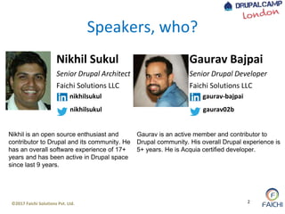 ©2017 Faichi Solutions Pvt. Ltd. 2
Nikhil Sukul
Senior Drupal Architect
Faichi Solutions LLC
nikhilsukul
nikhilsukul
Nikhil is an open source enthusiast and
contributor to Drupal and its community. He
has an overall software experience of 17+
years and has been active in Drupal space
since last 9 years.
Speakers, who?
Gaurav Bajpai
Senior Drupal Developer
Faichi Solutions LLC
gaurav02b
gaurav-bajpai
Gaurav is an active member and contributor to
Drupal community. His overall Drupal experience is
5+ years. He is Acquia certified developer.
 