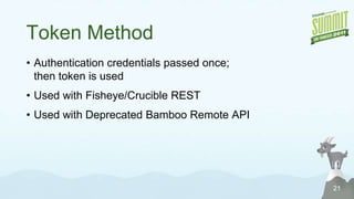AuthenticationUser credentials determine:The data returnedThe operations allowedMethods Available:Basic AuthenticationJSESSIONID CookieToken Method18