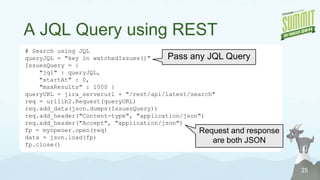 Obtaining a cookieScripting the user interface login pageAdding parameters to the user interface URL: “?os_username=myUserID&os_password=myPassword”Using the JIRA REST API22