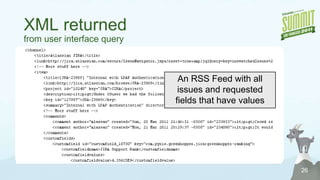 JIRA REST Authentication23import urllib, urllib2, cookielib, json# set up cookiejar for handling URLscookiejar = cookielib.CookieJar()myopener= urllib2.build_opener(urllib2.HTTPCookieProcessor(cookiejar))creds = { "username" : jira_userid, "password" : jira_password }queryurl = jira_serverurl + "/rest/auth/latest/session"req = urllib2.Request(queryurl)req.add_data(json.dumps(creds))req.add_header("Content-type", "application/json")req.add_header("Accept", "application/json")fp= myopener.open(req) fp.close()urllib2 handles cookies automatically.  We just need to give it a CookieJarRequest and response are both JSONWe don’t care about response, just the cookie