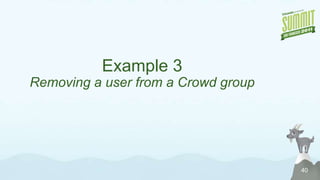 Can do anything a user can do (with a little work)Example 2Cross-referencing JIRA, Fisheye, and Bamboo build results31