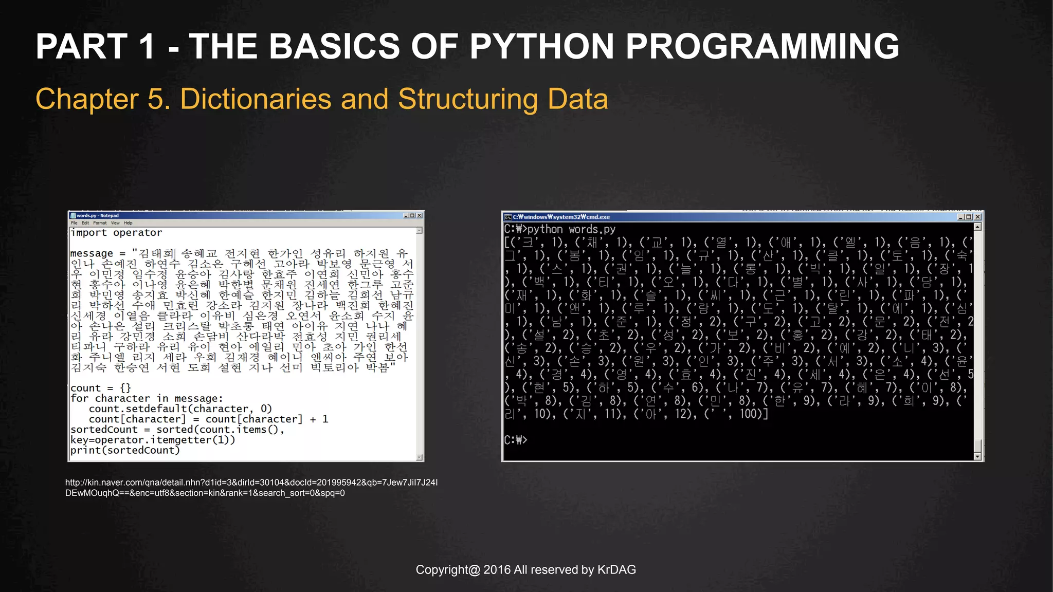 Copyright@ 2016 All reserved by KrDAG
PART 1 - THE BASICS OF PYTHON PROGRAMMING
Chapter 5. Dictionaries and Structuring Data
http://kin.naver.com/qna/detail.nhn?d1id=3&dirId=30104&docId=201995942&qb=7Jew7JiI7J24I
DEwMOuqhQ==&enc=utf8&section=kin&rank=1&search_sort=0&spq=0
 