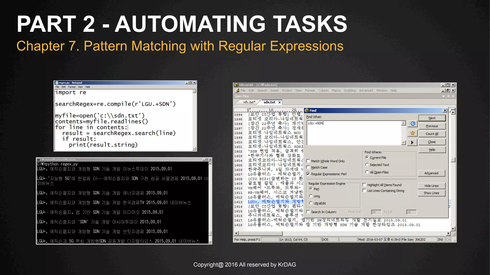 Copyright@ 2016 All reserved by KrDAG
PART 2 - AUTOMATING TASKS
Chapter 7. Pattern Matching with Regular Expressions
 