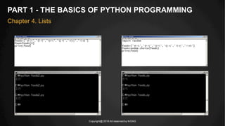 Copyright@ 2016 All reserved by KrDAG
PART 1 - THE BASICS OF PYTHON PROGRAMMING
Chapter 4. Lists
 