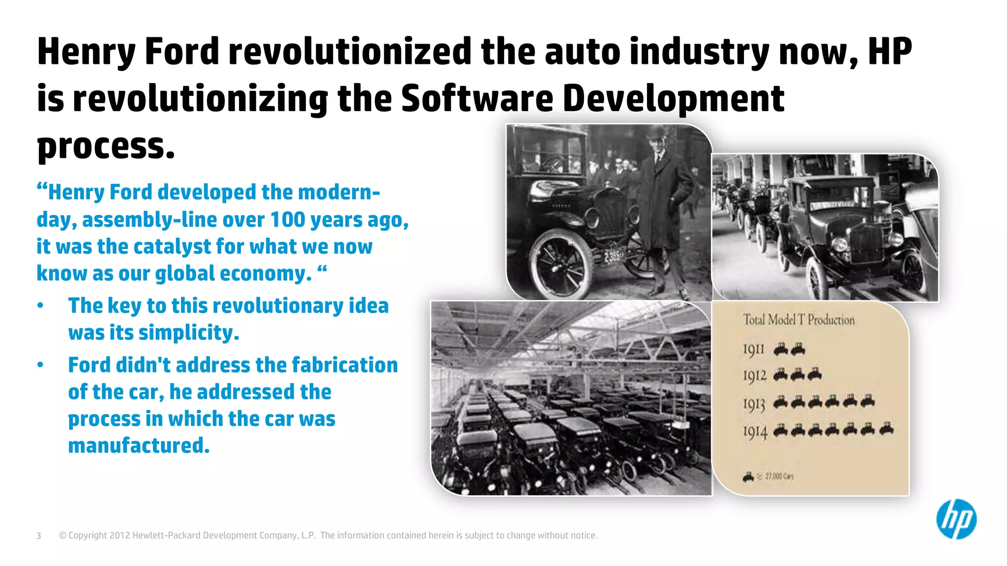 Henry Ford revolutionized the auto industry now, HP
is revolutionizing the Software Development
process.
“Henry Ford developed the modernday, assembly-line over 100 years ago,
it was the catalyst for what we now
know as our global economy. “
• The key to this revolutionary idea
was its simplicity.
• Ford didn't address the fabrication
of the car, he addressed the
process in which the car was
manufactured.

3

© Copyright 2012 Hewlett-Packard Development Company, L.P. The information contained herein is subject to change without notice.

 