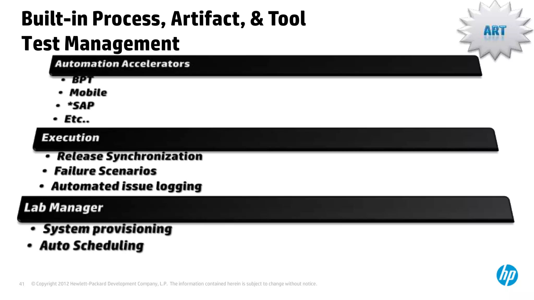 Built-in Process, Artifact, & Tool
Test Management

41

© Copyright 2012 Hewlett-Packard Development Company, L.P. The information contained herein is subject to change without notice.

 