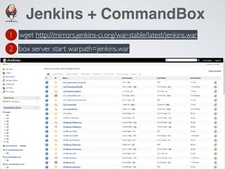 • Luis Majano
• Computer Engineer
Jenkins + CommandBox
wget http://mirrors.jenkins-ci.org/war-stable/latest/jenkins.war
box server start warpath=jenkins.war
1
2
 
