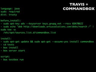 TRAVIS +
COMMANDBOXlanguage: java
sudo: required
dist: trusty
before_install:
- sudo apt-key adv --keyserver keys.gnupg.net --recv 6DA70622
- sudo echo "deb http://downloads.ortussolutions.com/debs/noarch /" |
sudo tee -a
/etc/apt/sources.list.d/commandbox.list
install:
- sudo apt-get update && sudo apt-get --assume-yes install commandbox
- cd tests
- box install
- box server start
script:
- box testbox run
 