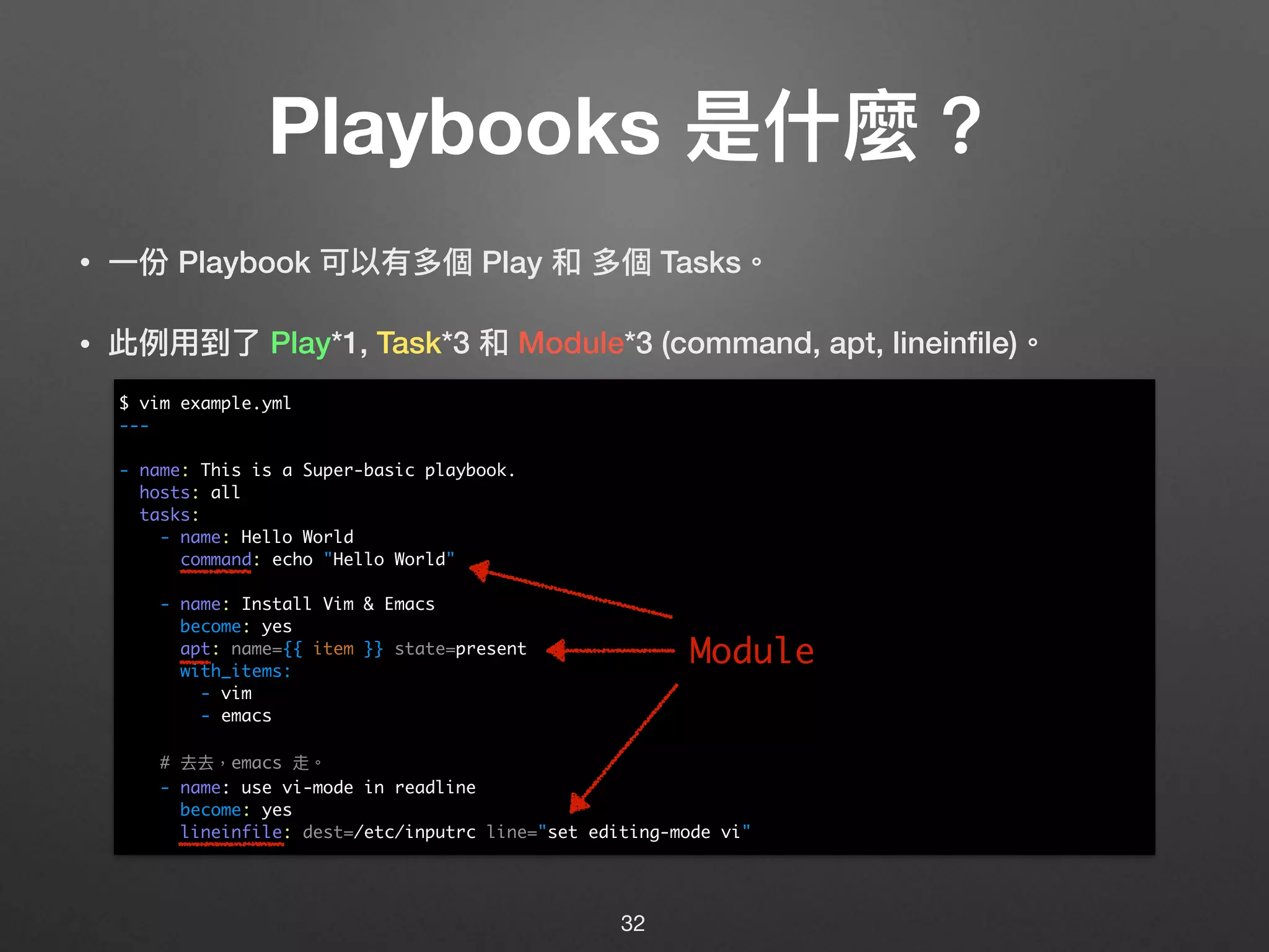 Playbooks 是什什麼？
• ⼀一份 Playbook 可以有多個 Play 和 多個 Tasks。
• 此例例⽤用到了了 Play*1, Task*3 和 Module*3 (command, apt, lineinﬁle)。 
 
 
 
 
 
 
 
 
 
 
 
 
32
$ vim example.yml
---
- name: This is a Super-basic playbook.
hosts: all
tasks:
- name: Hello World
command: echo "Hello World"
- name: Install Vim & Emacs
become: yes
apt: name={{ item }} state=present
with_items:
- vim
- emacs
# 去去，emacs 走。
- name: use vi-mode in readline
become: yes
lineinfile: dest=/etc/inputrc line="set editing-mode vi"
Module
 