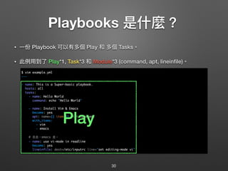 Playbooks 是什什麼？
• ⼀一份 Playbook 可以有多個 Play 和 多個 Tasks。
• 此例例⽤用到了了 Play*1, Task*3 和 Module*3 (command, apt, lineinﬁle)。 
 
 
 
 
 
 
 
 
 
 
 
 
30
$ vim example.yml
---
- name: This is a Super-basic playbook.
hosts: all
tasks:
- name: Hello World
command: echo "Hello World"
- name: Install Vim & Emacs
become: yes
apt: name={{ item }} state=present
with_items:
- vim
- emacs
# 去去，emacs 走。
- name: use vi-mode in readline
become: yes
lineinfile: dest=/etc/inputrc line="set editing-mode vi"
Play
 