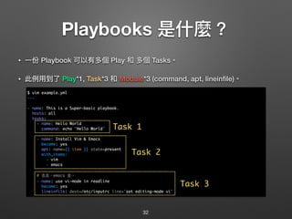 Playbooks 是什什麼？
• ⼀一份 Playbook 可以有多個 Play 和 多個 Tasks。
• 此例例⽤用到了了 Play*1, Task*3 和 Module*3 (command, apt, lineinﬁle)。 
 
 
 
 
 
 
 
 
 
 
 
 
32
$ vim example.yml
---
- name: This is a Super-basic playbook.
hosts: all
tasks:
- name: Hello World
command: echo "Hello World"
- name: Install Vim & Emacs
become: yes
apt: name={{ item }} state=present
with_items:
- vim
- emacs
# 去去，emacs 走。
- name: use vi-mode in readline
become: yes
lineinfile: dest=/etc/inputrc line="set editing-mode vi"
Task 1
Task 2
Task 3
 
