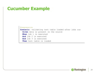 Cucumber Example
24
@regression
Scenario: validating test table loaded after jobs run
Given data is present in the source
When job 1 is executed
And job 2 is executed
And job 3 is executed
Then test table is loaded
 