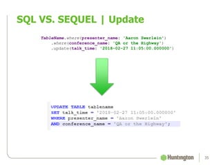 SQL VS. SEQUEL | Update
35
TableName.where(presenter_name: 'Aaron Swerlein')
.where(conference_name: 'QA or the Highway')
.update(talk_time: '2018-02-27 11:05:00.000000')
 