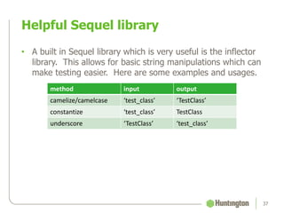 Helpful Sequel library
37
• A built in Sequel library which is very useful is the inflector
library. This allows for basic string manipulations which can
make testing easier. Here are some examples and usages.
method input output
camelize/camelcase ‘test_class’ ‘TestClass’
constantize ‘test_class’ TestClass
underscore ‘TestClass’ ‘test_class’
 