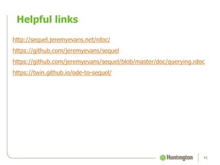 Helpful links
41
http://sequel.jeremyevans.net/rdoc/
https://github.com/jeremyevans/sequel
https://github.com/jeremyevans/sequel/blob/master/doc/querying.rdoc
https://twin.github.io/ode-to-sequel/
 