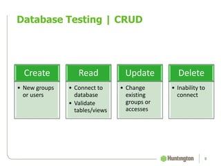 Database Testing | CRUD
8
Create
• New groups
or users
Read
• Connect to
database
• Validate
tables/views
Update
• Change
existing
groups or
accesses
Delete
• Inability to
connect
 