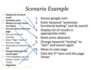 Scenario Example
1. Access google.com
2. Enter keyword “automate
functional testing” and do search
3. Display list of results in
appropriate order
4. Read some abstracts
5. Change keyword “testing” to
“test” and search again
6. Move to next page
7. Click the 3rd item and the page
shows
• Display list of search
result
• Sorted by score
• Abstract of each results
are shown
• You can click to show the
page
• You can choose to
translate
• Show “https” clearly if
the link is https
• Show type of contents eg.
PDF
• Change keywords and
search again
• From dropdown you can
choose “cache” “similar”
“share”
• Pagination
 