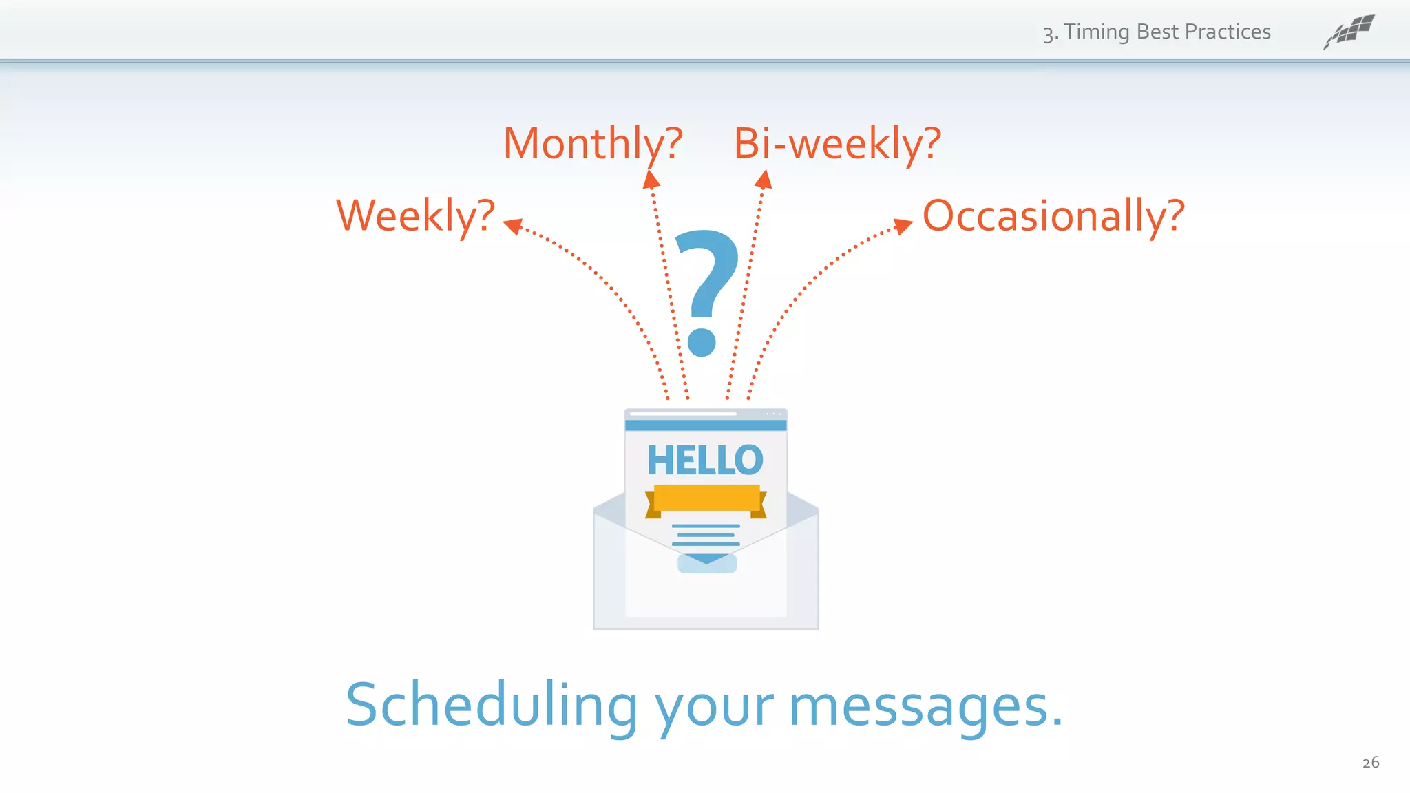 3.Timing Best Practices
Scheduling your messages.
Weekly?
Monthly? Bi-weekly?
Occasionally?
26
 