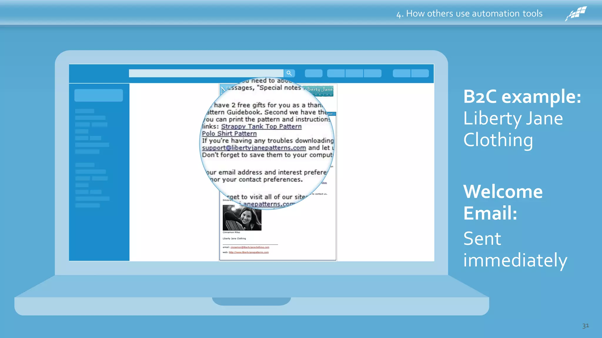 4. How others use automation tools
31
B2C example:
Liberty Jane
Clothing
Welcome
Email:
Sent
immediately
 