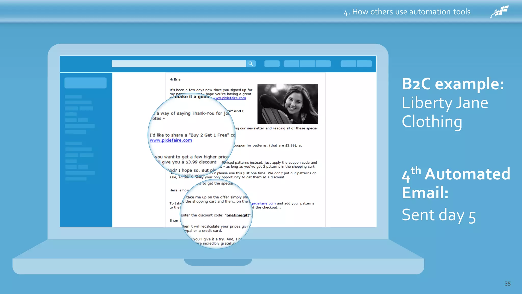 4. How others use automation tools
35
B2C example:
Liberty Jane
Clothing
4th Automated
Email:
Sent day 5
 