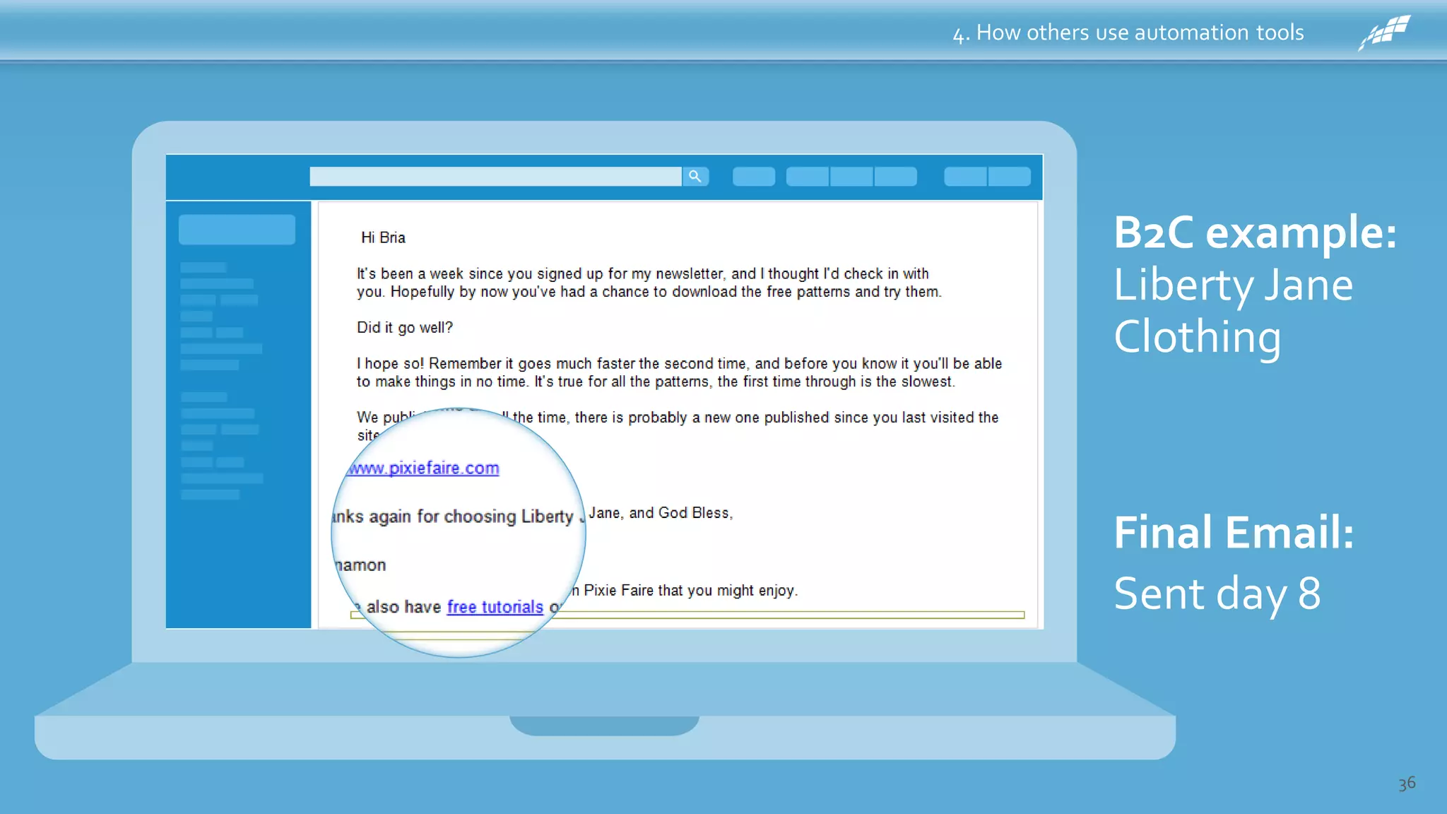 4. How others use automation tools
36
B2C example:
Liberty Jane
Clothing
Final Email:
Sent day 8
 