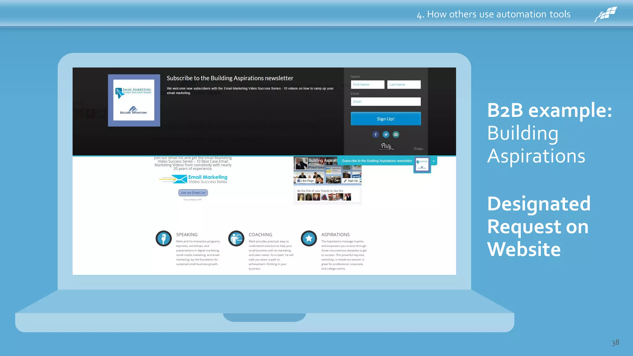 4. How others use automation tools
38
B2B example:
Building
Aspirations
Designated
Request on
Website
 