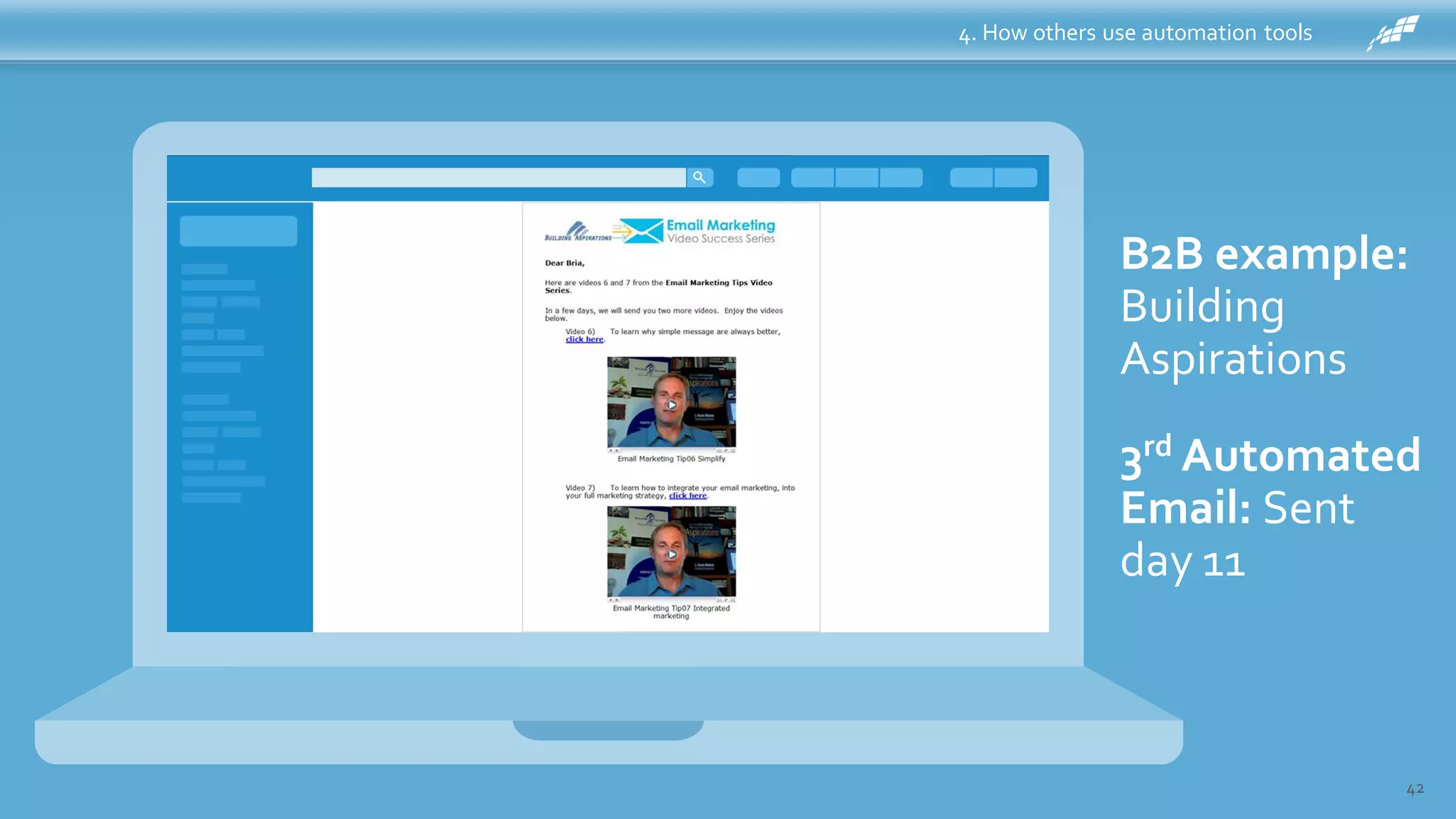 4. How others use automation tools
42
B2B example:
Building
Aspirations
Welcome
Email: Sent
Immediately
1st Automated
Email: Sent
day 3
2nd Automated
Email: Sent
day 6
3rd Automated
Email: Sent
day 11
 