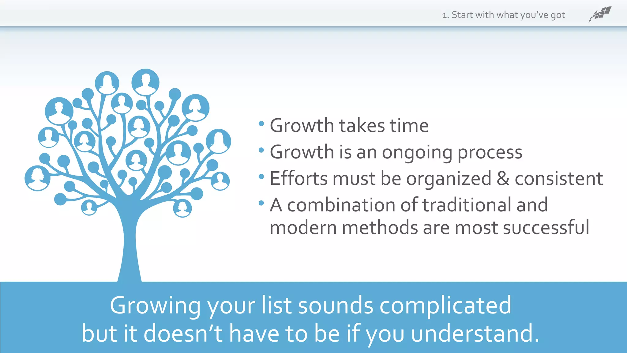 1. Start with what you’ve got
• Growth takes time
• Growth is an ongoing process
• Efforts must be organized & consistent
• A combination of traditional and
modern methods are most successful
Growing your list sounds complicated
but it doesn’t have to be if you understand.
 