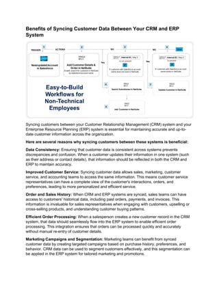 Benefits of Syncing Customer Data Between Your CRM and ERP
System
Syncing customers between your Customer Relationship Management (CRM) system and your
Enterprise Resource Planning (ERP) system is essential for maintaining accurate and up-to-
date customer information across the organization.
Here are several reasons why syncing customers between these systems is beneficial:
Data Consistency: Ensuring that customer data is consistent across systems prevents
discrepancies and confusion. When a customer updates their information in one system (such
as their address or contact details), that information should be reflected in both the CRM and
ERP to maintain accuracy.
Improved Customer Service: Syncing customer data allows sales, marketing, customer
service, and accounting teams to access the same information. This means customer service
representatives can have a complete view of the customer's interactions, orders, and
preferences, leading to more personalized and efficient service.
Order and Sales History: When CRM and ERP systems are synced, sales teams can have
access to customers' historical data, including past orders, payments, and invoices. This
information is invaluable for sales representatives when engaging with customers, upselling or
cross-selling products, and understanding customer buying patterns.
Efficient Order Processing: When a salesperson creates a new customer record in the CRM
system, that data should seamlessly flow into the ERP system to enable efficient order
processing. This integration ensures that orders can be processed quickly and accurately
without manual re-entry of customer details.
Marketing Campaigns and Segmentation: Marketing teams can benefit from synced
customer data by creating targeted campaigns based on purchase history, preferences, and
behavior. CRM data can be used to segment customers effectively, and this segmentation can
be applied in the ERP system for tailored marketing and promotions.
 