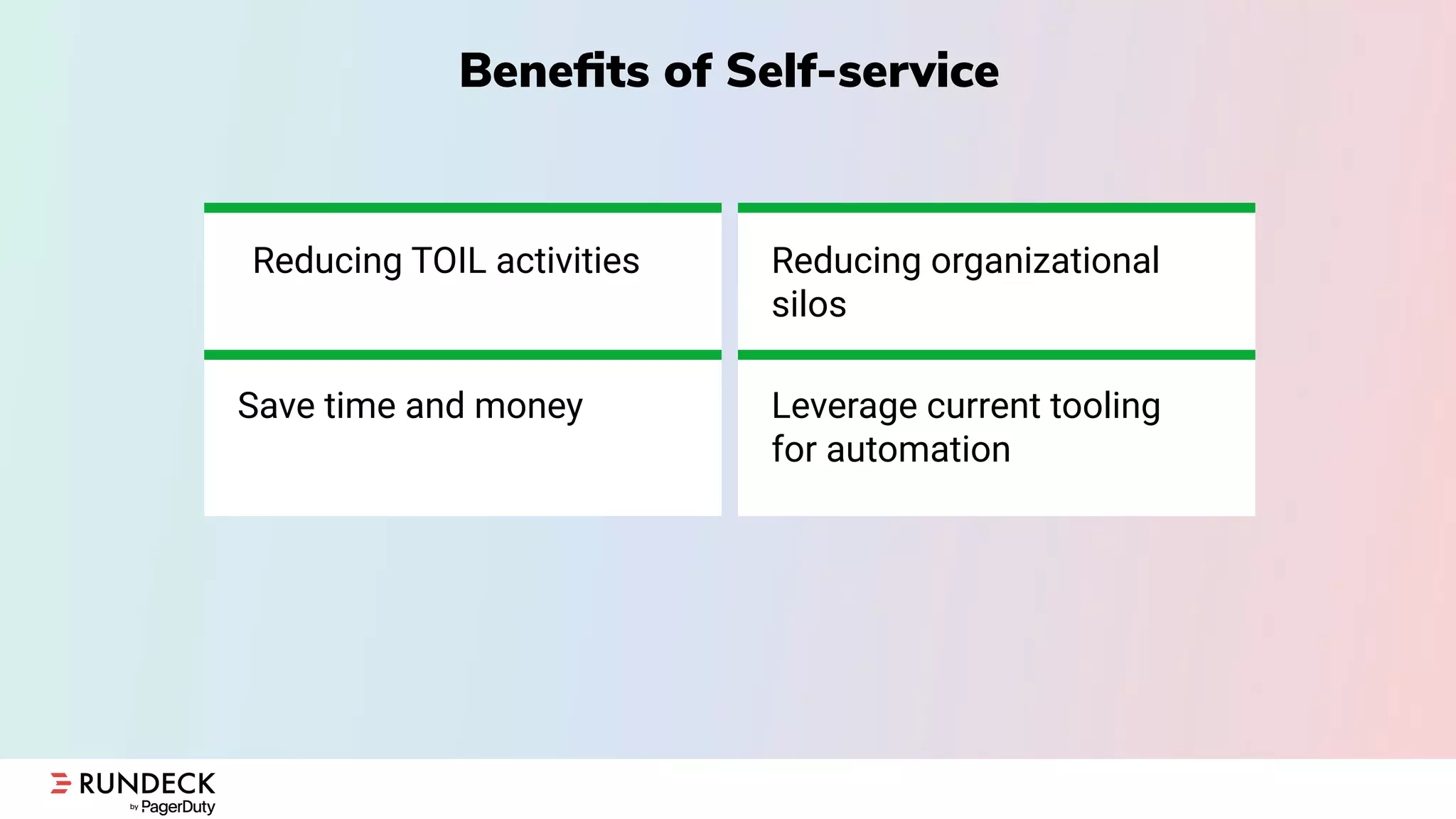 Beneﬁts of Self-service
Reducing TOIL activities
Save time and money
Reducing organizational
silos
Leverage current tooling
for automation
Reducing organizational
silos
Leverage current tooling
for automation
 