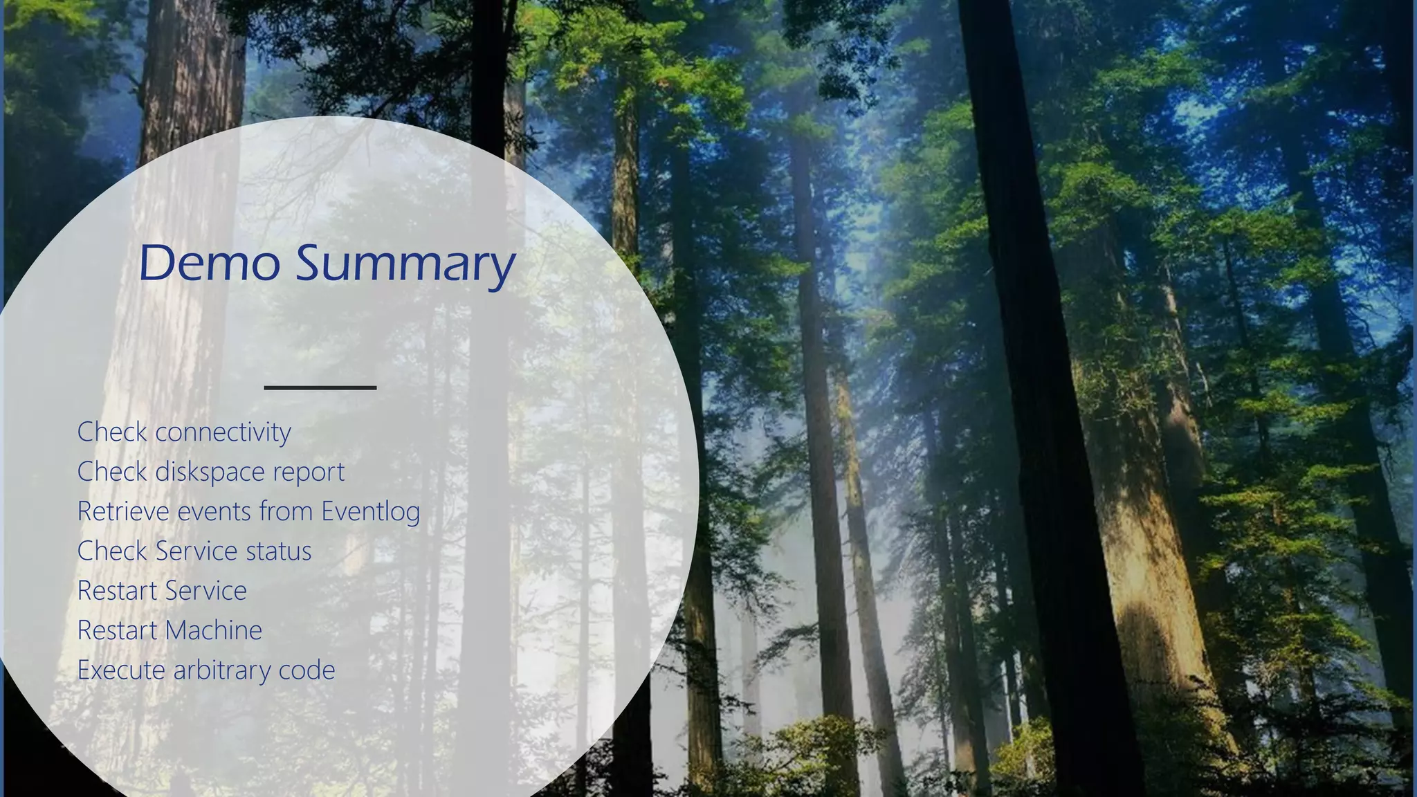 DEVOPS &
AUTOMATION
Demo Summary
Check connectivity
Check diskspace report
Retrieve events from Eventlog
Check Service status
Restart Service
Restart Machine
Execute arbitrary code
 