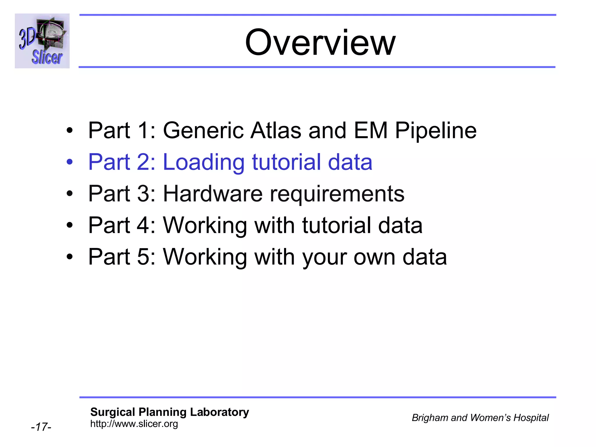 Overview Part 1: Generic Atlas and EM Pipeline Part 2: Loading tutorial data Part 3: Hardware requirements Part 4: Working with tutorial data Part 5: Working with your own data 