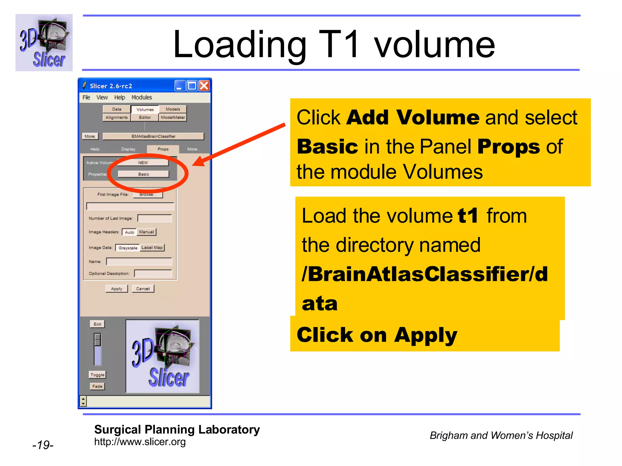 Loading T1 volume Load the volume  t1  from the directory named  /BrainAtlasClassifier/data Click  Add Volume  and select  Basic  in the Panel  Props  of the module Volumes Click on Apply 