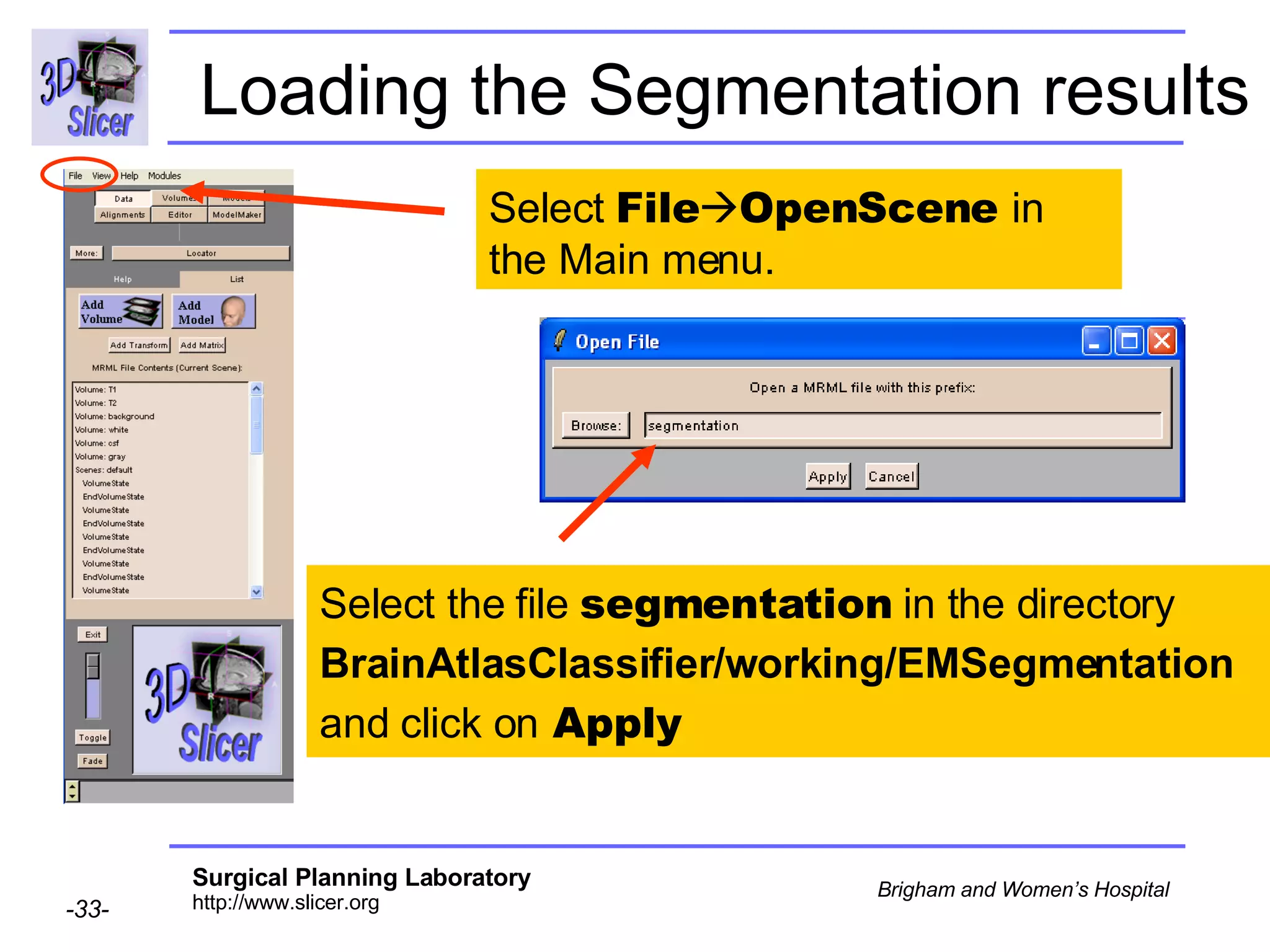 Loading the Segmentation results Select  File  OpenScene  in the Main menu. Select the file  segmentation  in the directory  BrainAtlasClassifier/working/EMSegmentation   and click on  Apply 