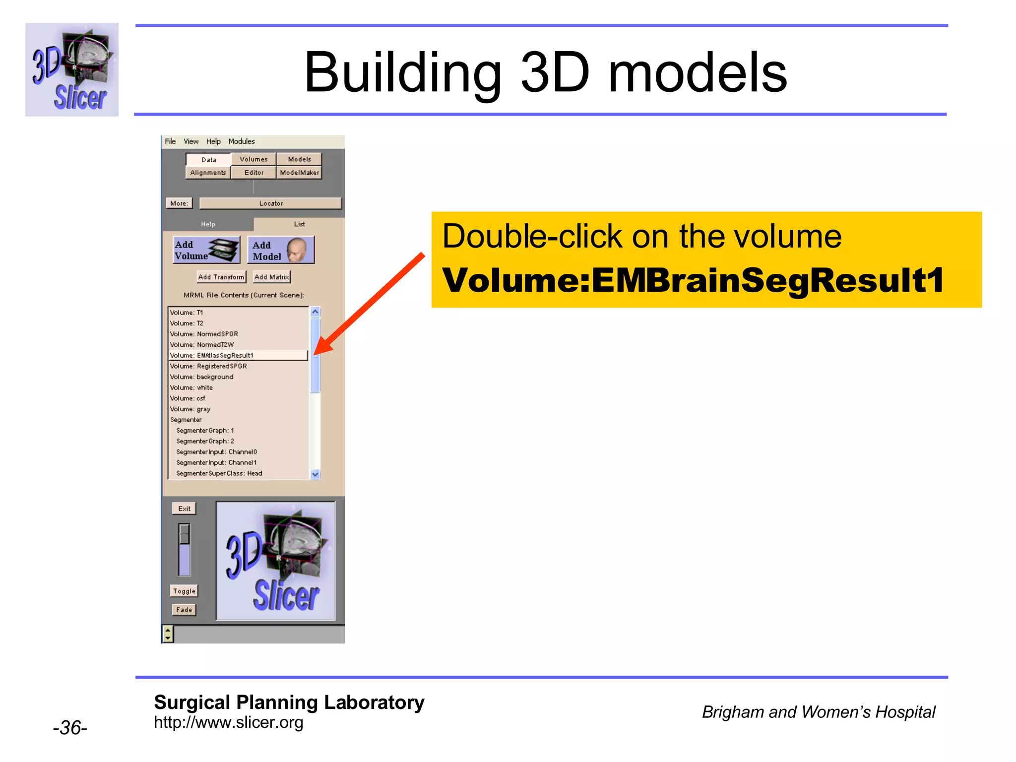 Building 3D models Double-click on the volume  Volume:EMBrainSegResult1 