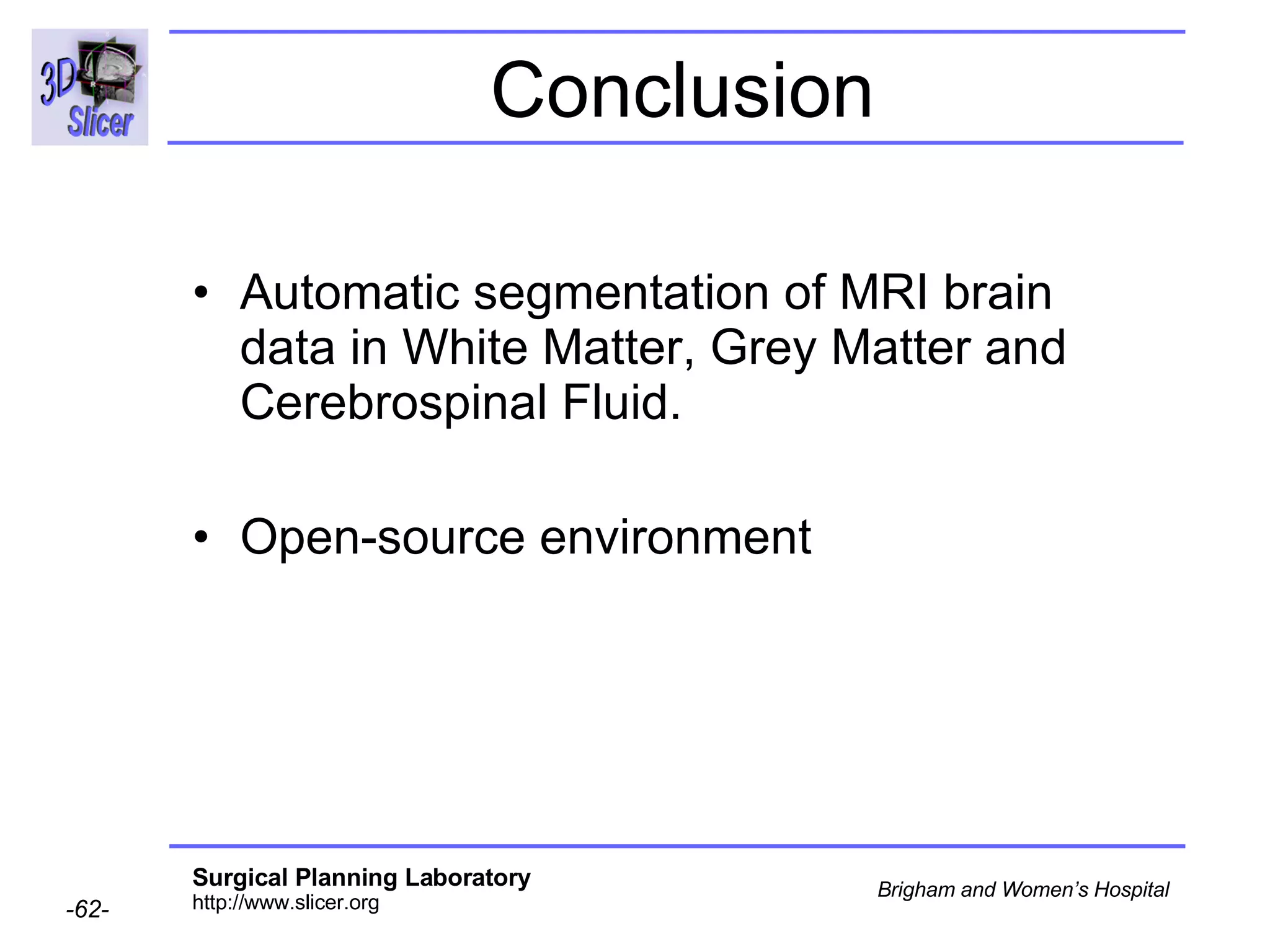 Conclusion Automatic segmentation of MRI brain data in White Matter, Grey Matter and Cerebrospinal Fluid. Open-source environment 