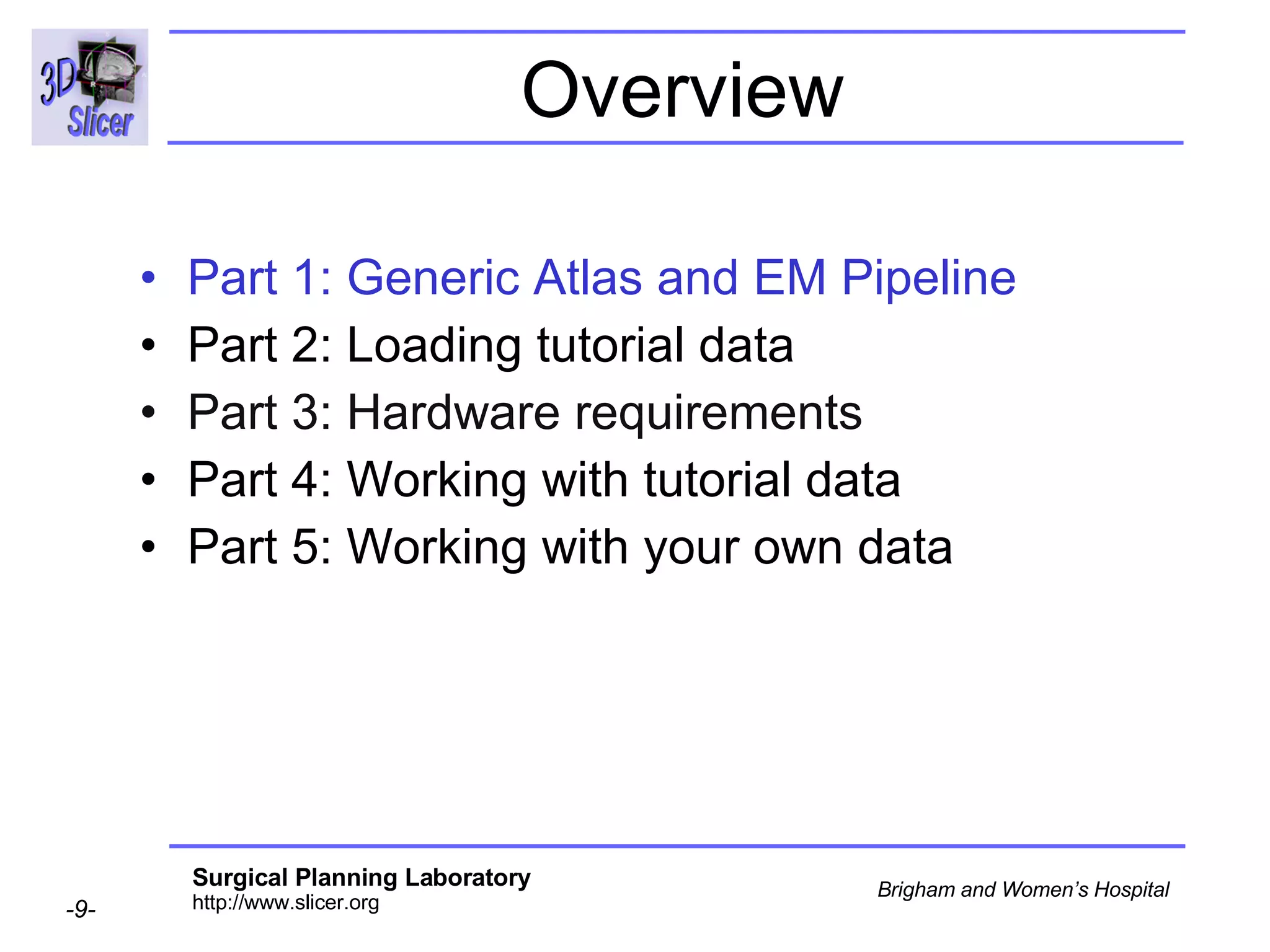 Overview Part 1: Generic Atlas and EM Pipeline   Part 2: Loading tutorial data Part 3: Hardware requirements Part 4: Working with tutorial data Part 5: Working with your own data 
