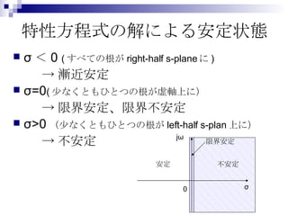 特性方程式の解による安定状態 σ＜0  ( すべての根が right-half s-plane に ) ->漸近安定 σ=0 ( 少なくともひとつの根が虚軸上に） ->限界安定、限界不安定 σ>0 （少なくともひとつの根が left-half s-plan 上に） ->不安定 0 σ jω 限界安定 安定 不安定 