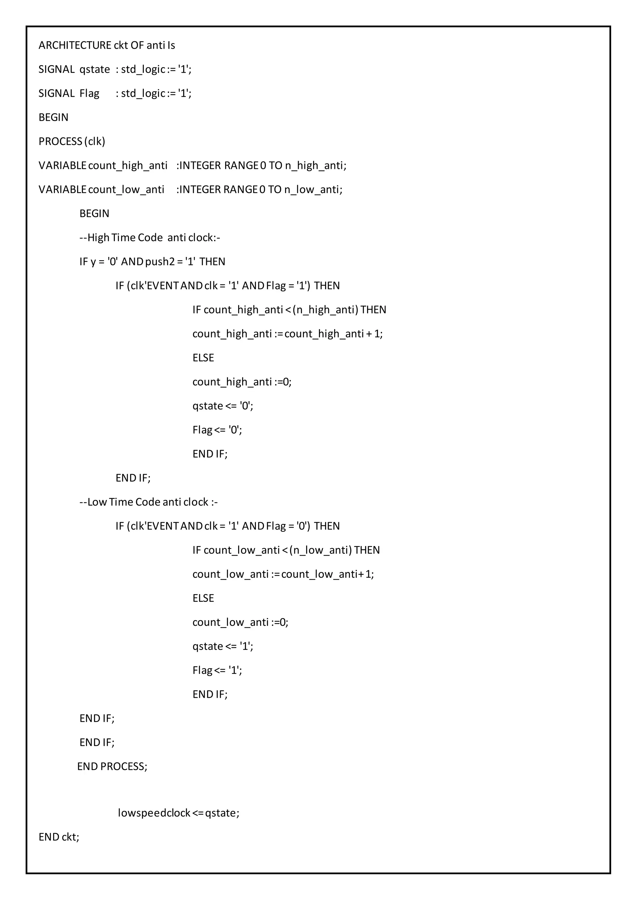 ARCHITECTURE ckt OF anti Is
SIGNAL qstate : std_logic:= '1';
SIGNAL Flag : std_logic:= '1';
BEGIN
PROCESS(clk)
VARIABLEcount_high_anti :INTEGER RANGE0 TO n_high_anti;
VARIABLEcount_low_anti :INTEGER RANGE0 TO n_low_anti;
BEGIN
--HighTime Code anti clock:-
IF y = '0' ANDpush2 = '1' THEN
IF (clk'EVENTANDclk= '1' ANDFlag = '1') THEN
IF count_high_anti <(n_high_anti) THEN
count_high_anti :=count_high_anti + 1;
ELSE
count_high_anti :=0;
qstate <= '0';
Flag<= '0';
END IF;
END IF;
--LowTime Code anti clock :-
IF (clk'EVENTANDclk= '1' ANDFlag = '0') THEN
IF count_low_anti <(n_low_anti) THEN
count_low_anti :=count_low_anti+1;
ELSE
count_low_anti :=0;
qstate <= '1';
Flag<= '1';
END IF;
END IF;
END IF;
END PROCESS;
lowspeedclock<=qstate;
END ckt;
 