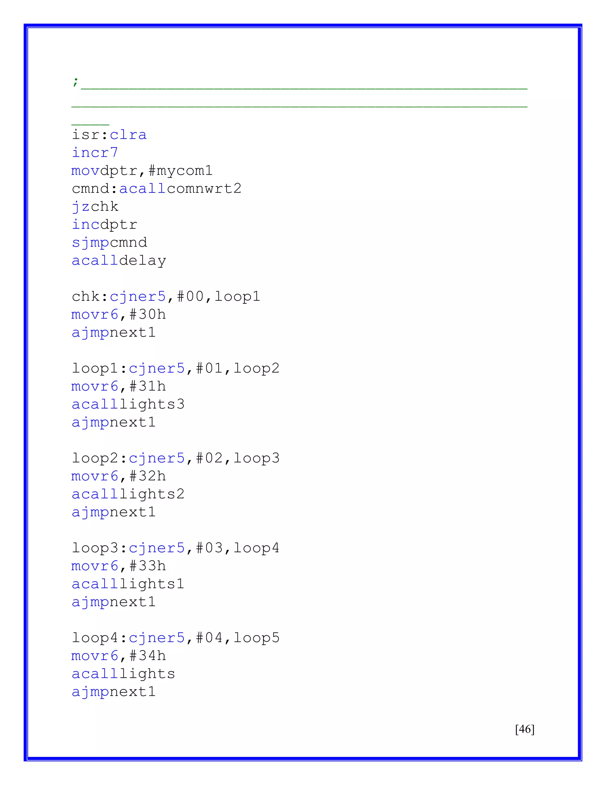 ;_______________________________________________
________________________________________________
____
isr:clra
incr7
movdptr,#mycom1
cmnd:acallcomnwrt2
jzchk
incdptr
sjmpcmnd
acalldelay
chk:cjner5,#00,loop1
movr6,#30h
ajmpnext1
loop1:cjner5,#01,loop2
movr6,#31h
acalllights3
ajmpnext1
loop2:cjner5,#02,loop3
movr6,#32h
acalllights2
ajmpnext1
loop3:cjner5,#03,loop4
movr6,#33h
acalllights1
ajmpnext1
loop4:cjner5,#04,loop5
movr6,#34h
acalllights
ajmpnext1
[46]

 