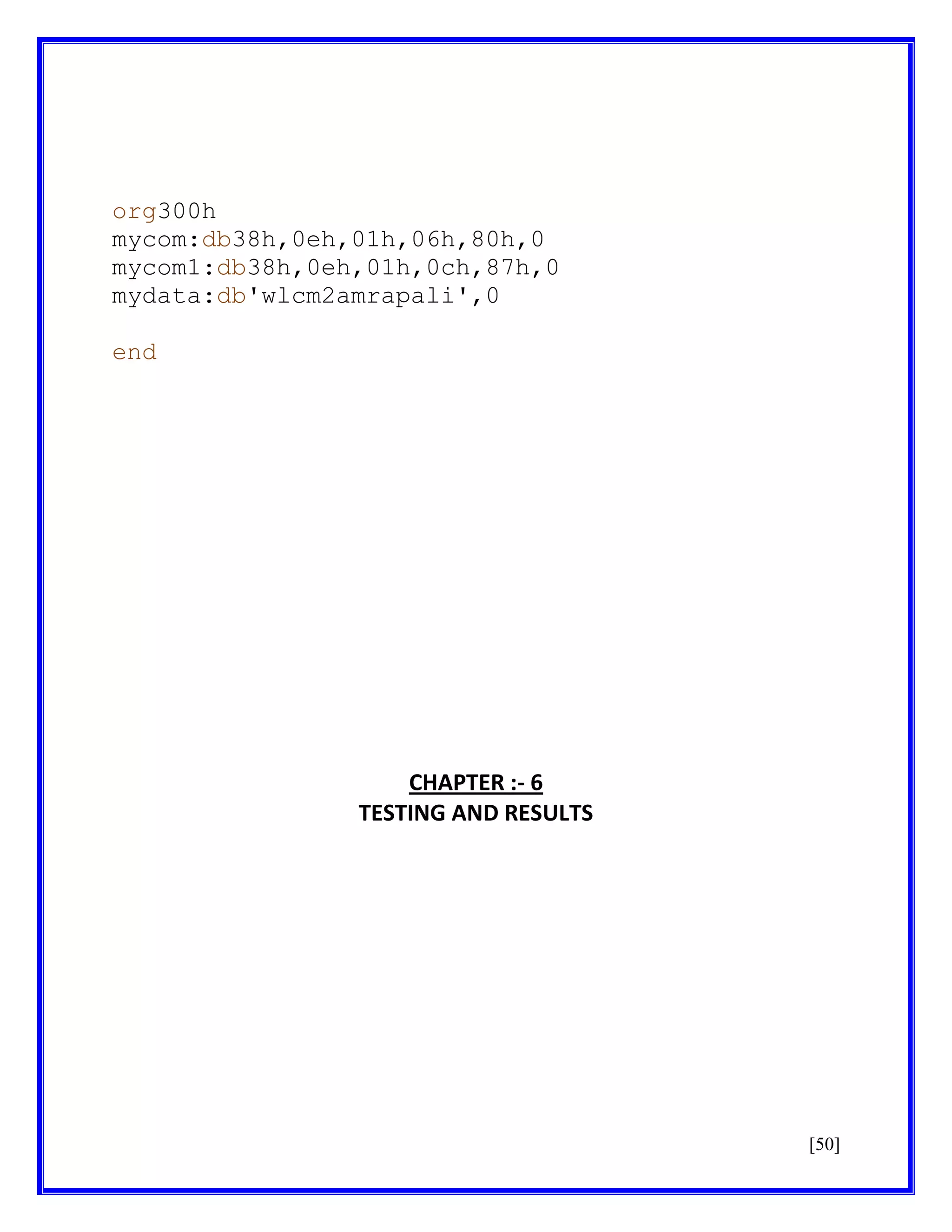 org300h
mycom:db38h,0eh,01h,06h,80h,0
mycom1:db38h,0eh,01h,0ch,87h,0
mydata:db'wlcm2amrapali',0
end

CHAPTER :- 6
TESTING AND RESULTS

[50]

 