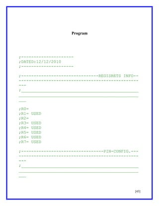Program

;--------------------;DATED:12/12/2010
;--------------------;-------------------------------REGISRETS INFO--------------------------------------------------;_______________________________________________
________________________________________________
___
;R0=
;R1=
;R2=
;R3=
;R4=
;R5=
;R6=
;R7=

USED
USED
USED
USED
USED
USED

;---------------------------------PIN-CONFIG.---------------------------------------------------;_______________________________________________
________________________________________________
___

[43]

 