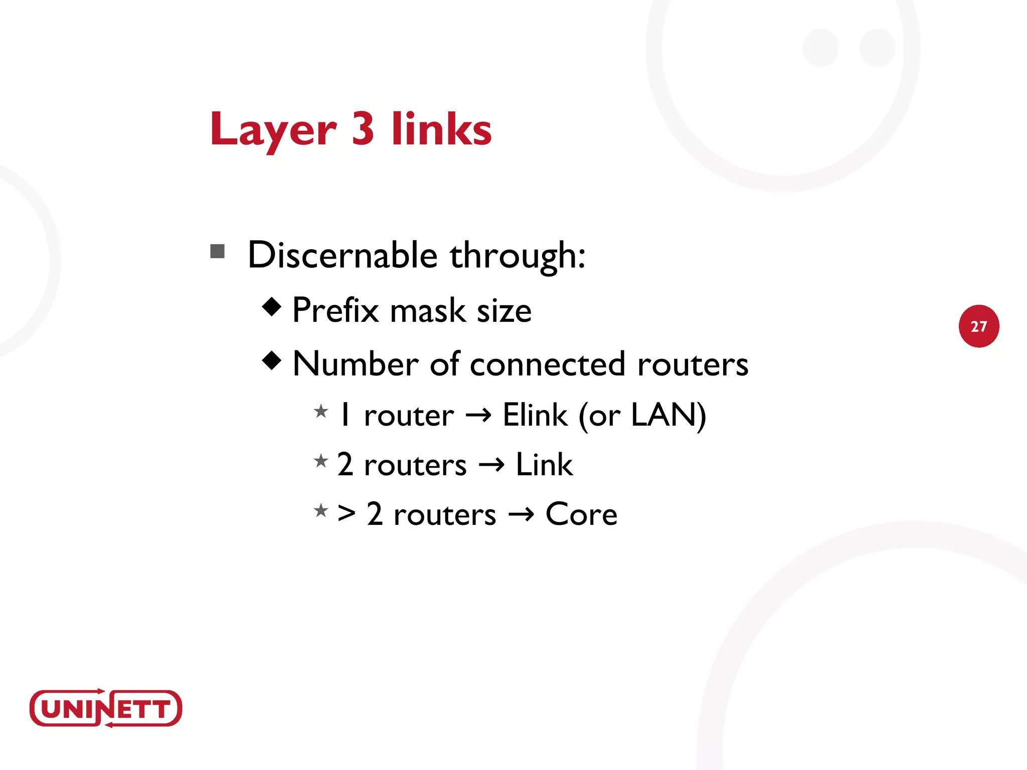 Layer 3 links

   Discernable through:
     Prefix mask size                27

     Number of connected routers

        1  router → Elink (or LAN)
         2 routers → Link

         > 2 routers → Core
 