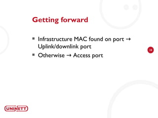 Getting forward

   Infrastructure MAC found on port →
    Uplink/downlink port                 18

   Otherwise → Access port
 